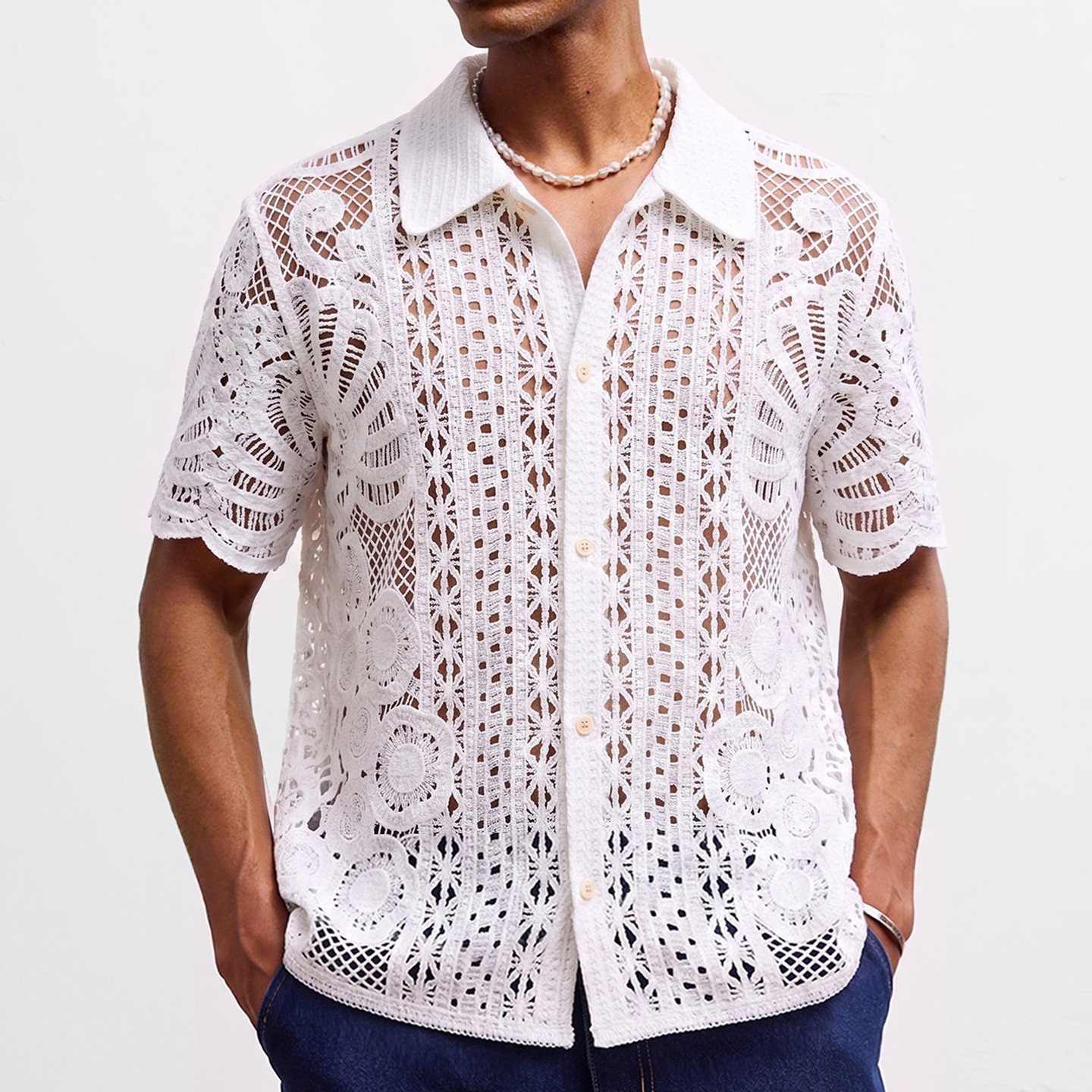 2026夏美式休闲度假纯色短袖衬衣男性感镂空开衫上衣Men's shirt