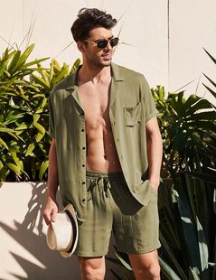 shorts suits for Vacation 套装 and men外贸棉麻衬衣短裤 shirts