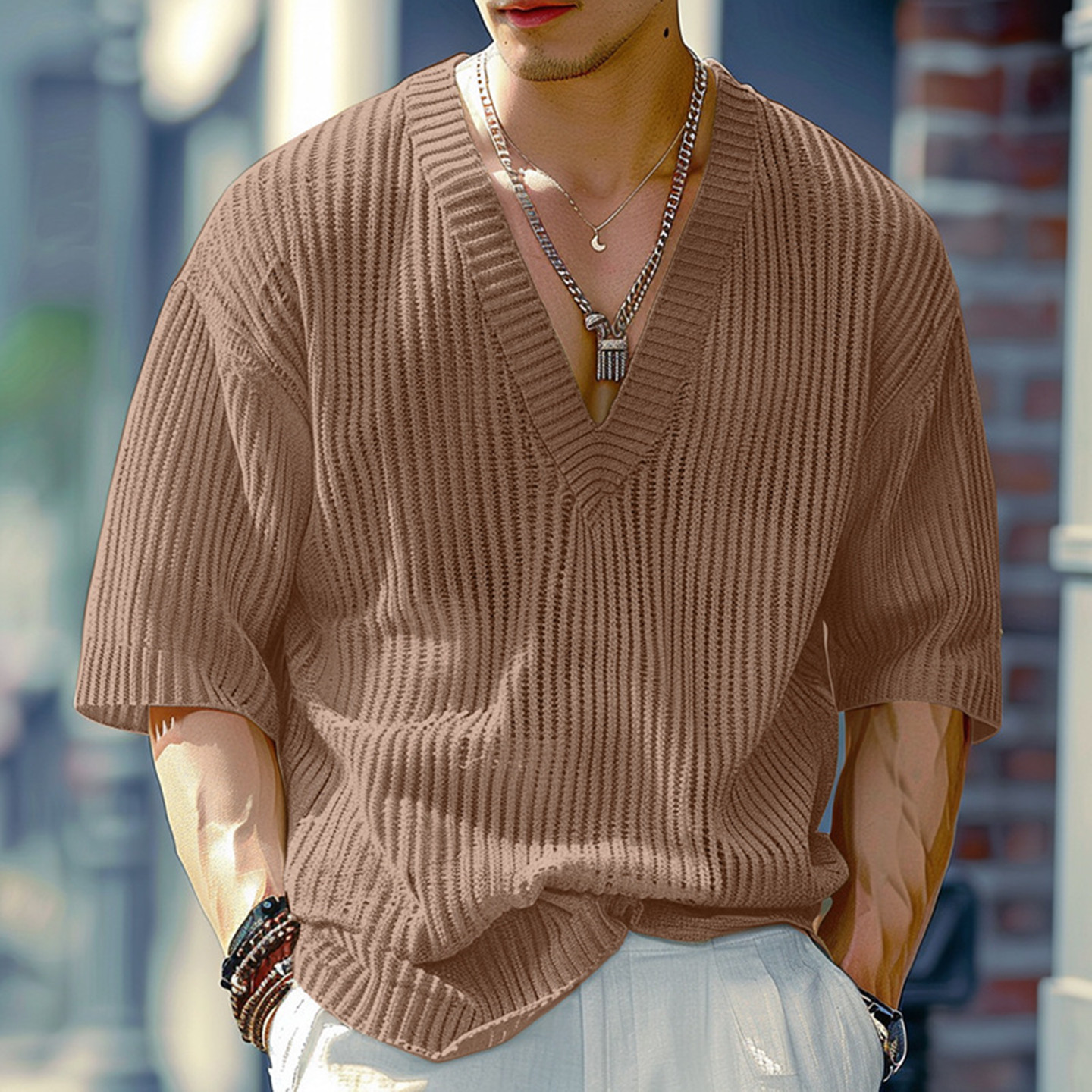 Men's T-shirt2026夏季欧美男士V领中袖T恤大码痞帅休闲针织上衣