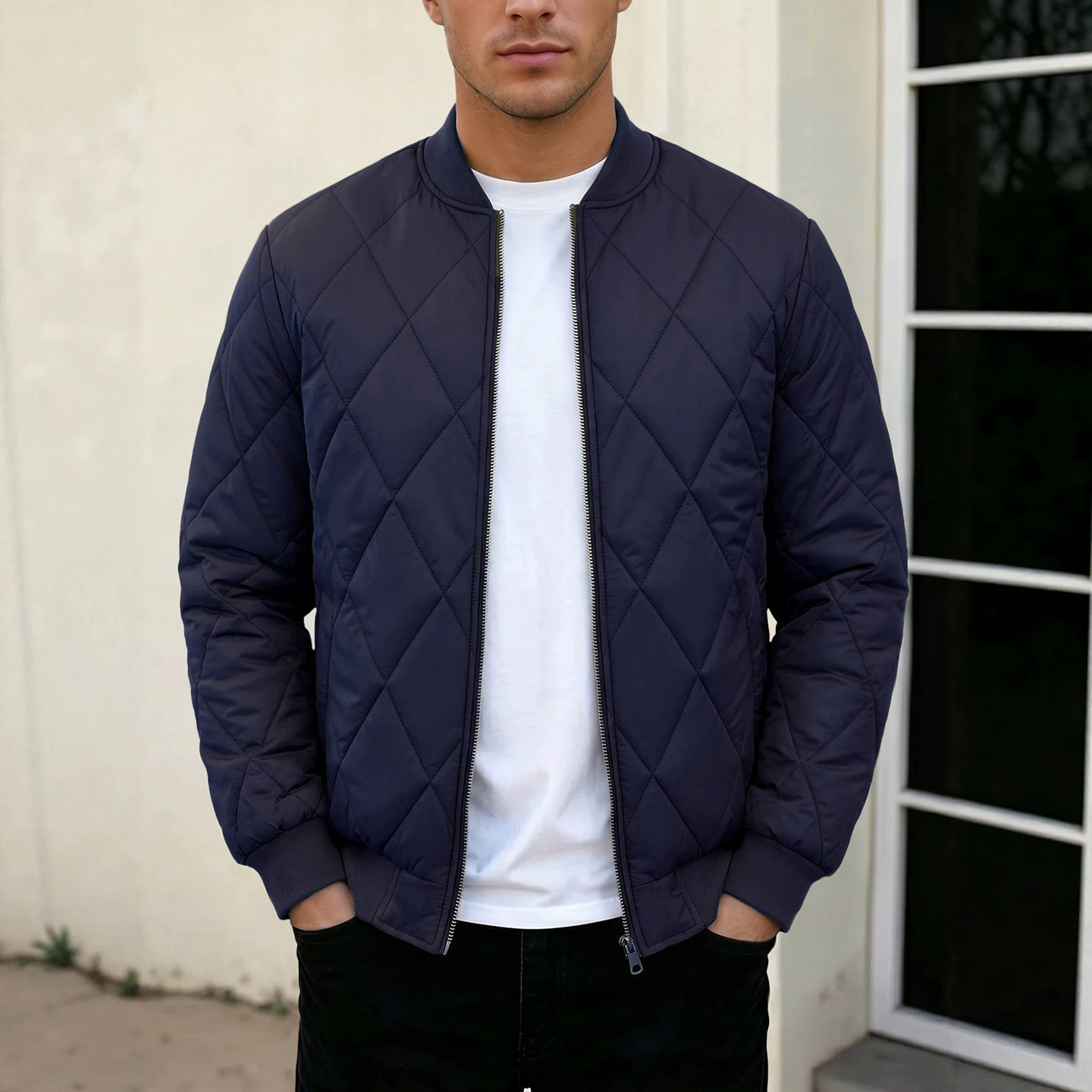 2026冬美式菱形格棒球领棉服男轻薄飞行员夹克保暖外套Men jacket