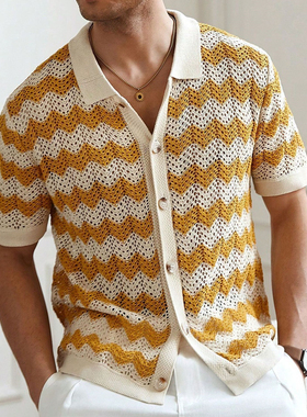 2025夏季美式镂空条纹拼色针织衫男士短袖上衣polo衫Men T-Shirt