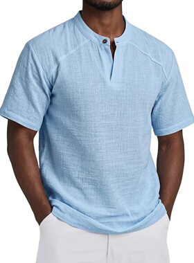 2026新款男夏美式休闲亨利衫纯色百搭老钱风短袖衬衣Men's shirt