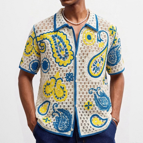 2026夏季美式老钱风镂空钩花短袖衬衣男度假polo衫上衣Men shirt