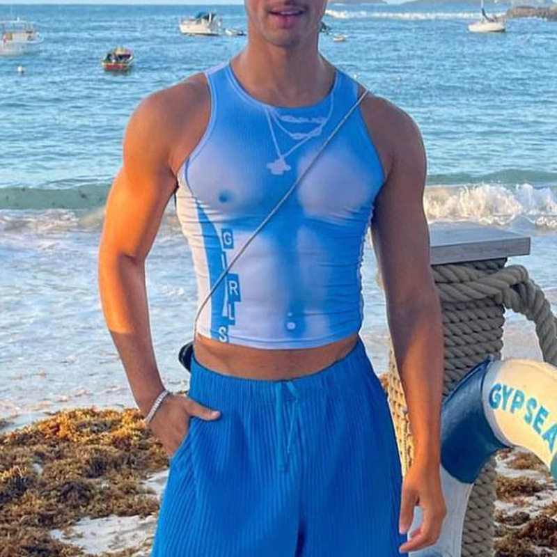 夏季个性镂空吊带背心欧美弹力修身上衣小众设计感T恤男Men vest
