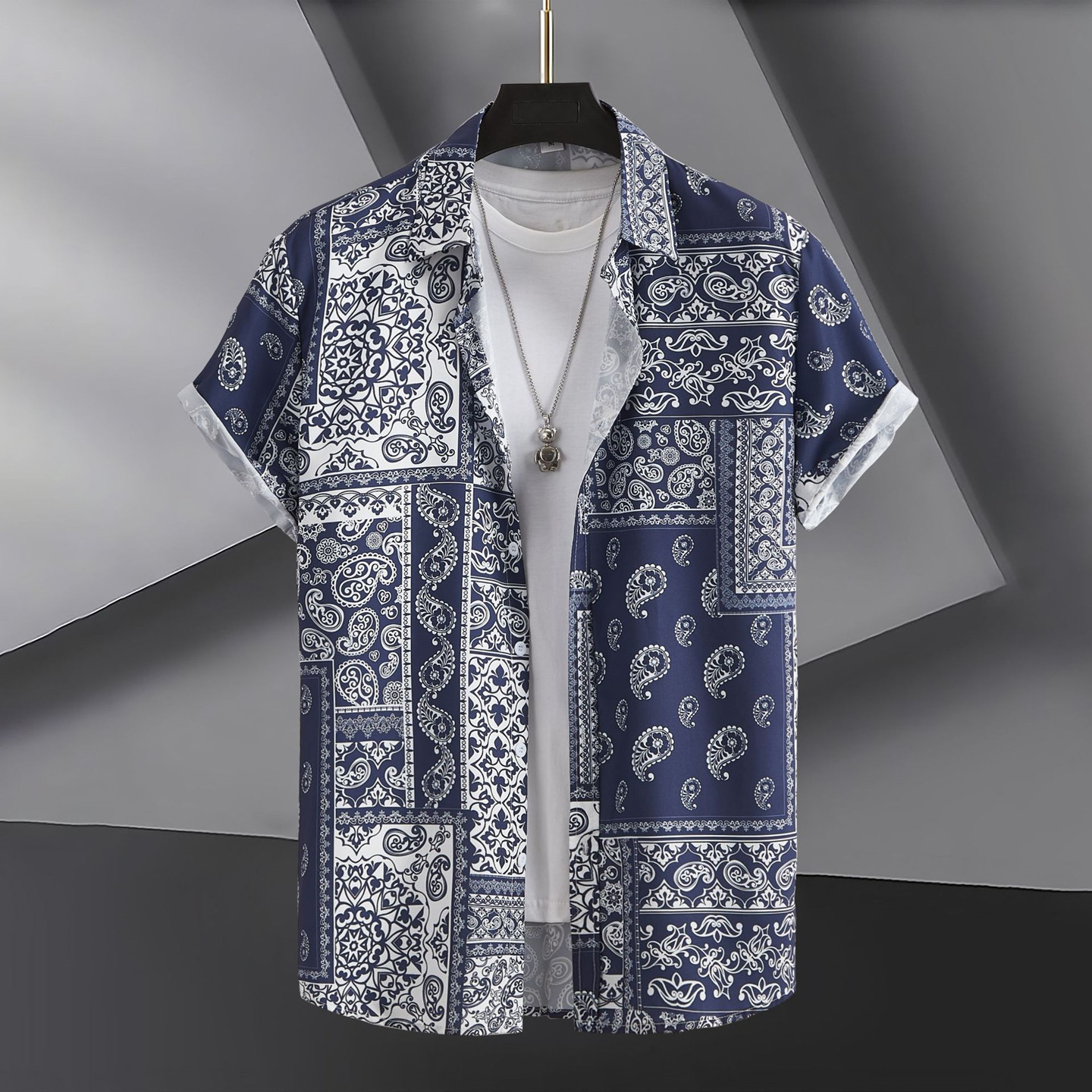 2026夏外贸男士大码印花短袖衬衫宽松休闲民族风衬衣Men's shirts