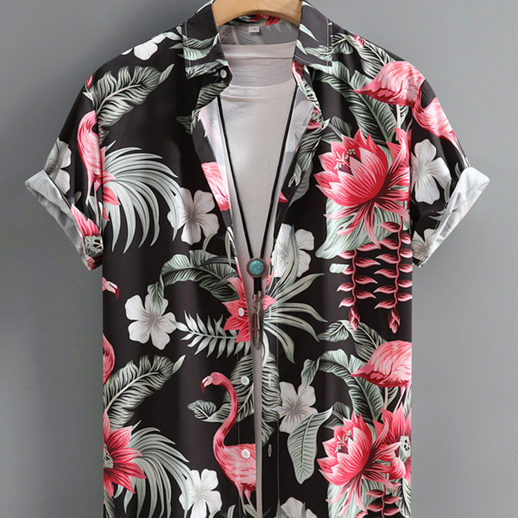 2026夏季港风复古短袖衬衣男沙滩度假上衣休闲印花衬衫Men shirts