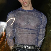 弹力修身 2025春夏欧美夜店性感透视紧身长袖 T恤男薄款 打底上衣潮