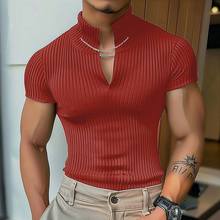 2025夏季男士英伦风纯色坑条短袖T恤V领弹力修身上衣Men T-shirt