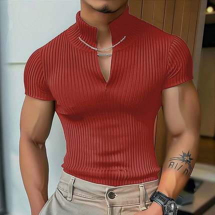 2025夏季男士英伦风纯色坑条短袖T恤V领弹力修身上衣Men T-shirt