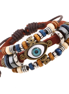 Men's Bracelet Beaded Vintage Ethnic Style Leather Bracelet