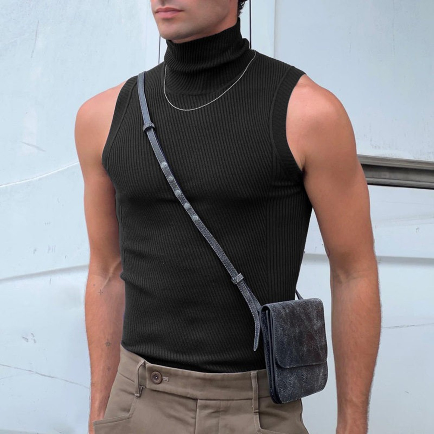 2026夏季新款纯色立领无袖打底衫欧美男士性感紧身背心潮Men vest