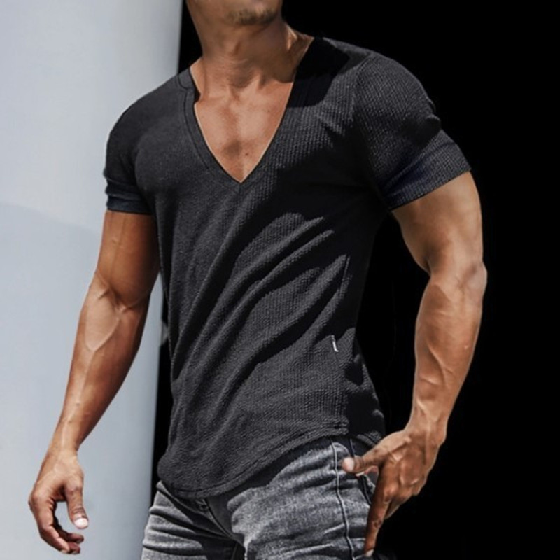 2026夏季欧美男士V领纯色短袖T恤弹力修身百搭打底衫Men T-shirt