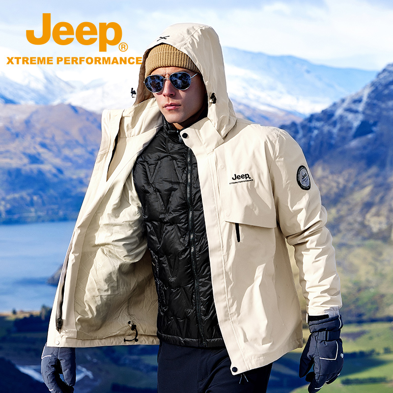 Jeepoutdoor户外防水羽绒冲锋衣男三合一石墨烯羽绒衣保暖鸭绒登
