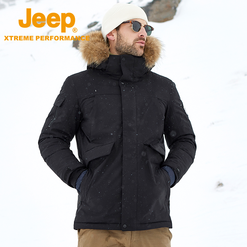 Jeepoutdoor中长款羽绒衣男鹅绒羽绒服貉子毛领保暖外套防风防泼