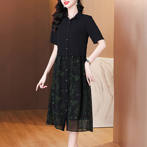 声雨竹气质黑色碎花假两件雪纺连衣裙女士夏季新款轻奢高级感妈妈