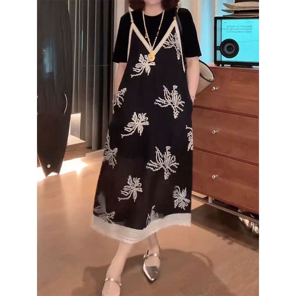 声雨竹韩版大码黑色印花吊带蕾丝拼接吊带裙短袖T恤洋气减龄两件