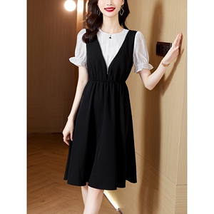 声雨竹法式时尚拼色假两件连衣裙女士夏季新款别致洋气收腰显瘦短