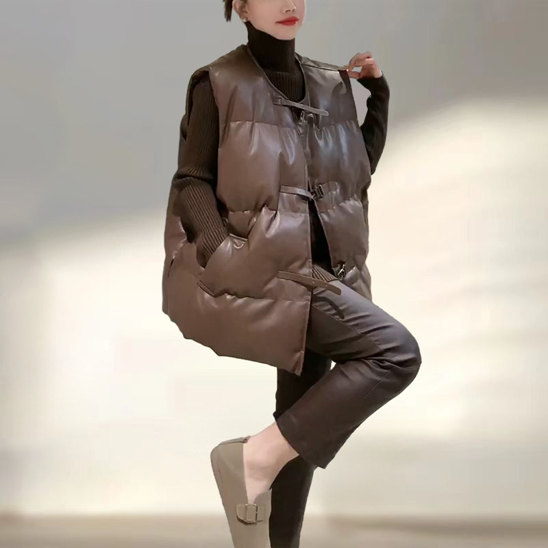 声雨竹秋冬季新款棉服马甲女装保暖显瘦pu皮衣坎肩马夹外套百搭羽