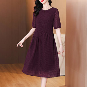 声雨竹时髦洋气格子短袖连衣裙女士夏季新款宽松休闲气质减龄妈妈