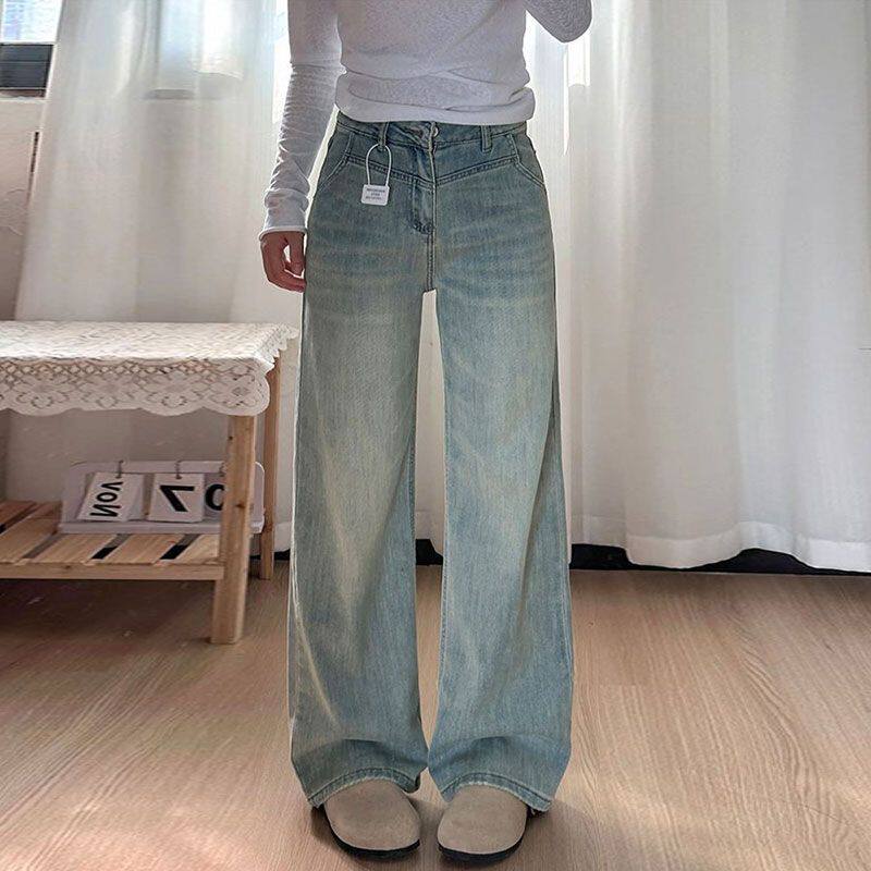 新款浅色阔腿牛仔裤女梨形身材秋季宽松显瘦垂感直筒胖mm窄版复古