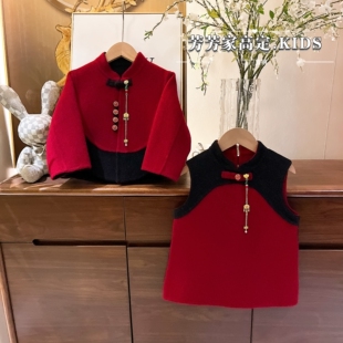 现货<倾城>【绵羊毛纯手工双面呢】女童冬季拼色两面穿上衣套装