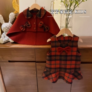 现货<红枣>【绵羊毛,纯手工,双面呢】女童秋冬季背心裙套装