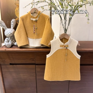 现货<盛世>【绵羊毛纯手工双面呢】女童冬季拼色两面穿上衣套装