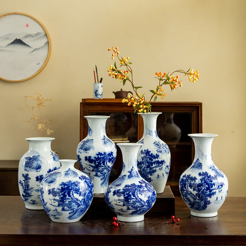 景德镇山水陶瓷器花瓶插花摆件青花瓷仿古中式家居客厅陶瓷装饰品
