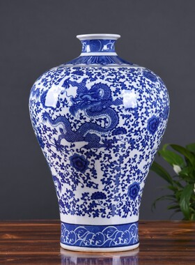 厂家复古陶瓷花瓶居家工艺品装饰摆件青花缠枝龙纹大号梅瓶