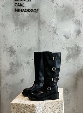 陌尼斯/MONIZ2025新款秋季真皮厚底复古扣件设计休闲百搭高筒靴女