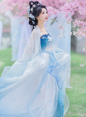 【如梦霓裳丨静夜】唐制原创汉服女诃子裙大袖衫蓝色印染绣花夏薄