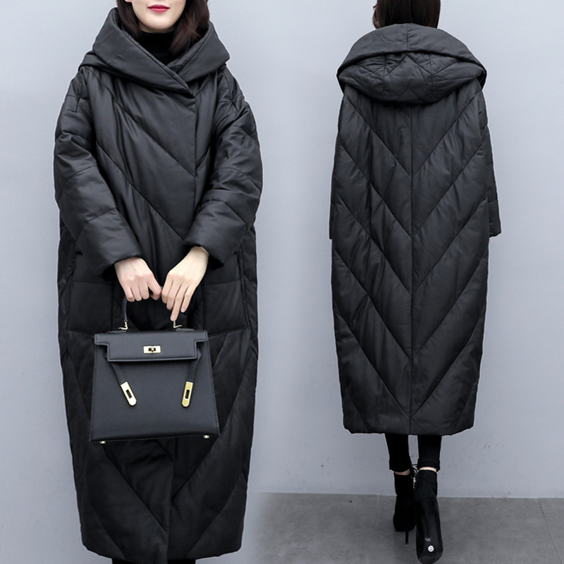 黑色中长款皮衣羽绒服女2024新款冬装韩版宽松时尚加大码加厚