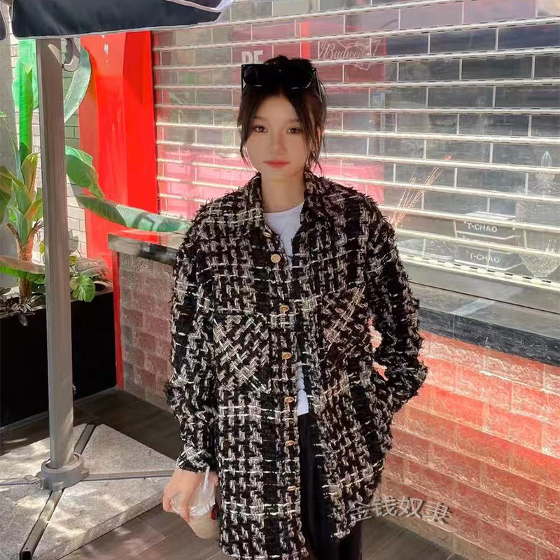 黑金编织格子秋季长袖衬衫男女同款格子美式复古小香风CL衬衣外套