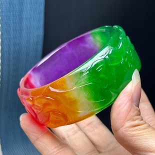 牡丹花开 翡翠色纯原石高冰种紫罗兰飘绿阳绿冰春彩手镯饰品宽版