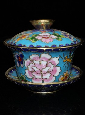 古玩旧藏景泰蓝花丝盖碗茶碗茶具茶杯特色家居摆件盖碗收藏品