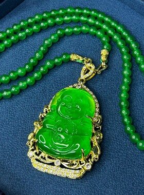翠玉老料高冰飘绿老翠玉弥勒佛项链吊坠手工雕刻挂坠颈饰品收藏