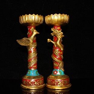 纯铜龙凤烛台一对复古景泰蓝蜡台佛前供奉灯座佛堂供奉佛具用品