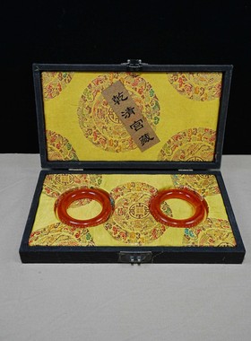 珍藏宫廷御用纯手工冰种描金红玉手镯一对配盒子古玩收藏收藏品