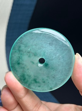 缅甸冰种飘花翡翠色平安扣吊坠冰透海蓝色男女同款挂件玉石颈饰