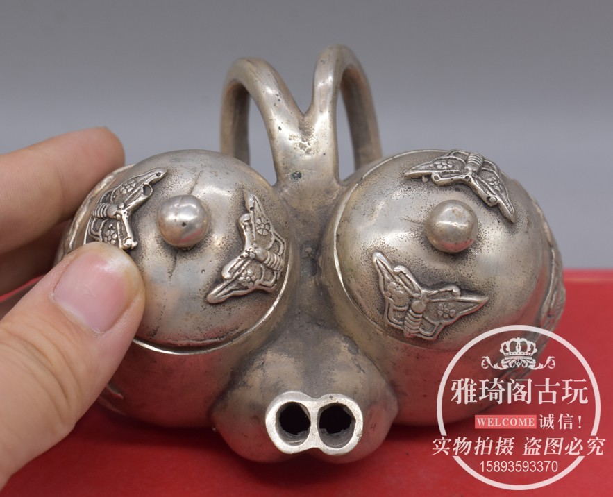 古玩旧藏纯铜白铜工艺品装饰水壶茶壶摆件蝴蝶盖子瑞兽双嘴壶收藏