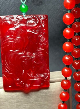 高冰种红翡翠玉老料山水人家项链吊坠手工精雕挂坠颈饰品收藏