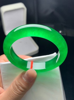 缅甸翡翠高档冰透帝王绿冰种圆条女士玉石手镯精品满绿色翡翠镯子