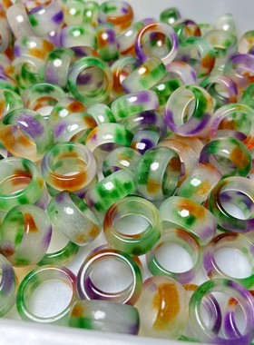 精品宽版紫罗兰巴山翠玉戒指绿飘花戒圈春彩玉石跑环绿色玉戒指