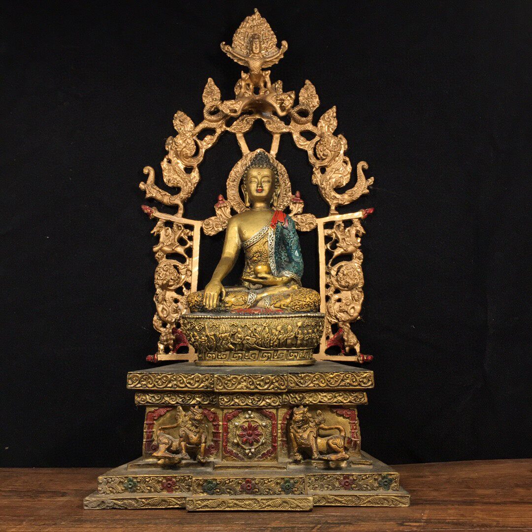 古玩纯铜彩绘鎏金三体释迦牟尼佛像一尊摆件收藏老货