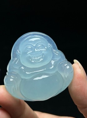 佛公吊坠冰种蓝色弥勒佛玉坠项链石英岩玉石挂件妈妈礼物笑佛