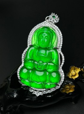 高端玉石绿色观音吊坠冰阳绿色项链帝王绿毛衣链男款银饰镶嵌饰品