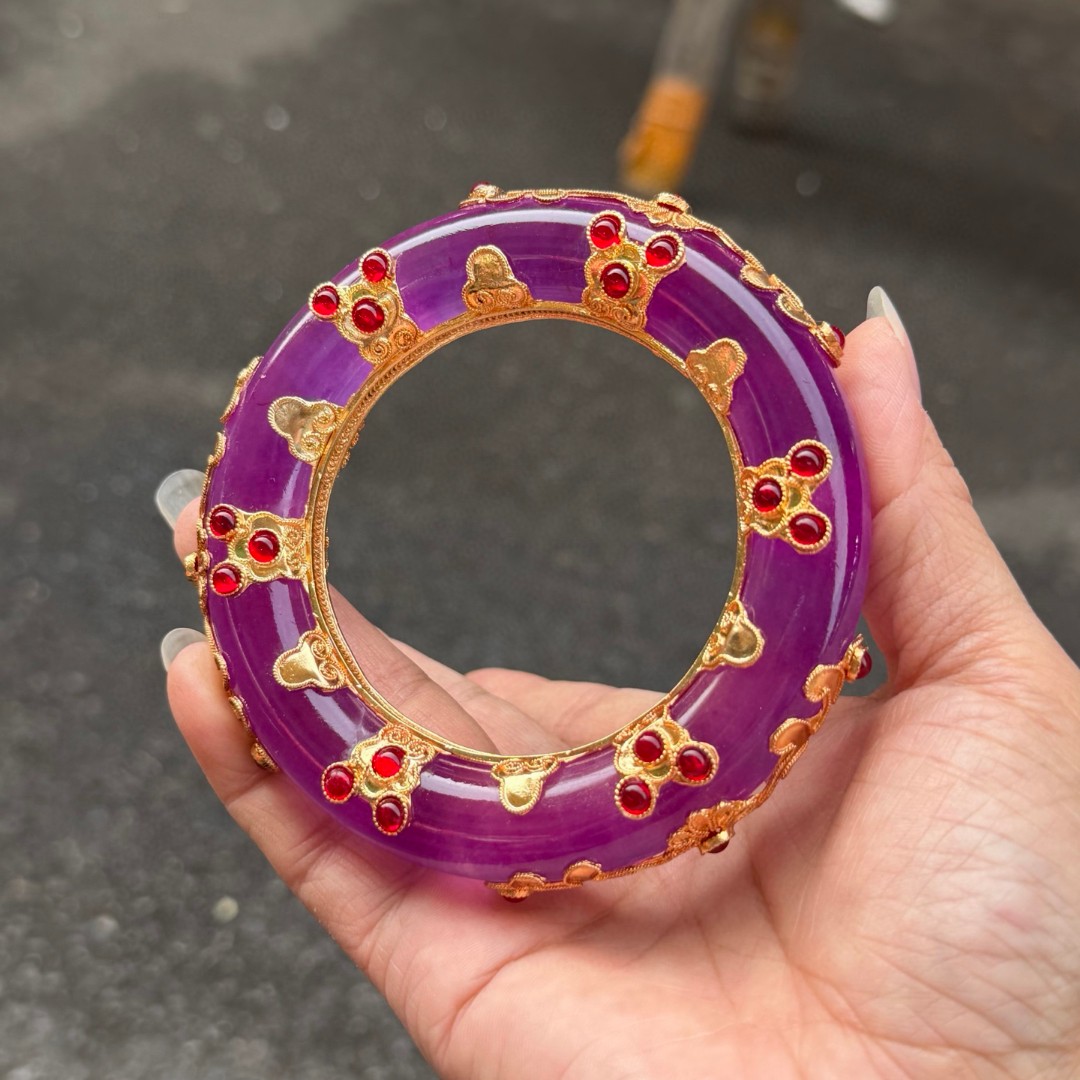 古玩古董玉石玉器收藏景泰蓝包铜紫罗兰翡翠玉手镯玉镯一对收藏品