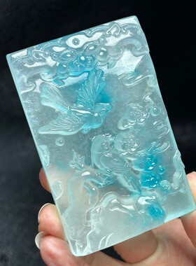 精品冰种翡翠雕刻飘花花鸟牌吊坠玉佩玉牌男女同款颈饰饰品送礼盒