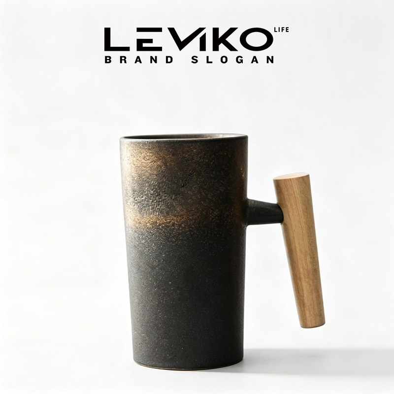 Leviko粗陶手工窑变木柄马克杯