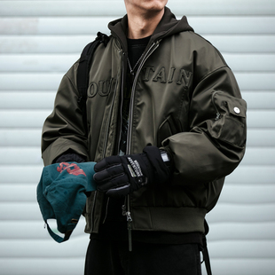 可拆卸假两件连帽飞行夹克羽绒服男冬季潮牌设计感字母刺绣外套潮